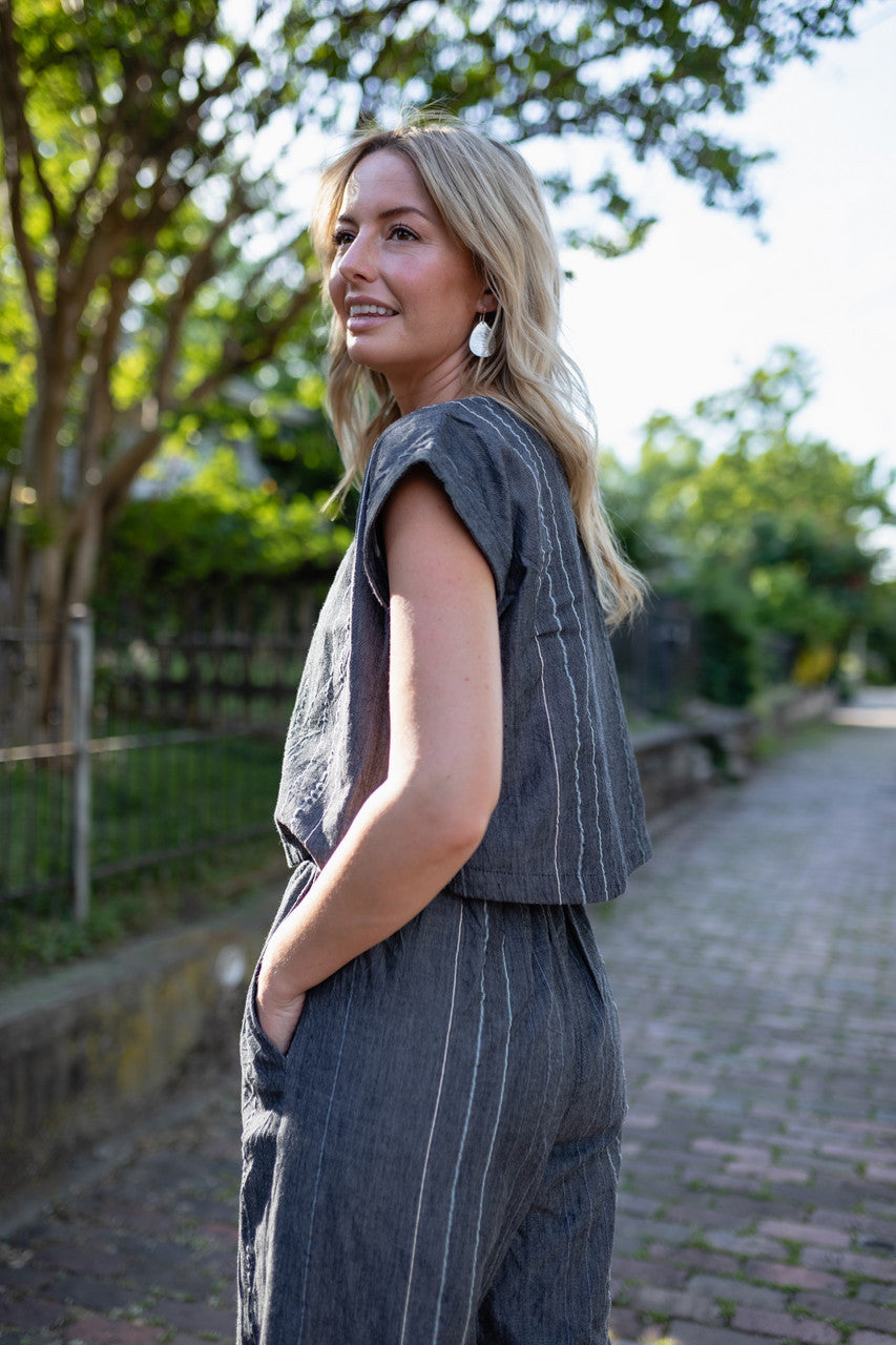 Handwoven Cotton Crop Pants in Midnight Chambray