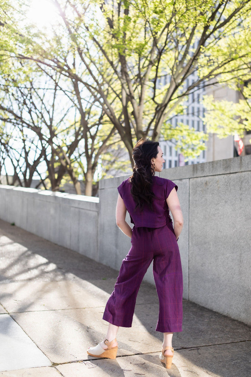 Katie Handwoven Cotton Set in Plum Set - XS Pants, S M and XL Shirt