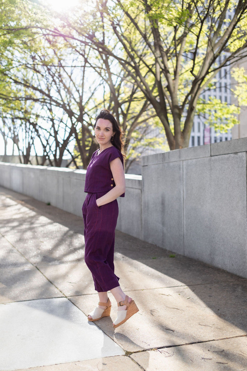 Katie Handwoven Cotton Set in Plum Set - XS Pants, S M and XL Shirt