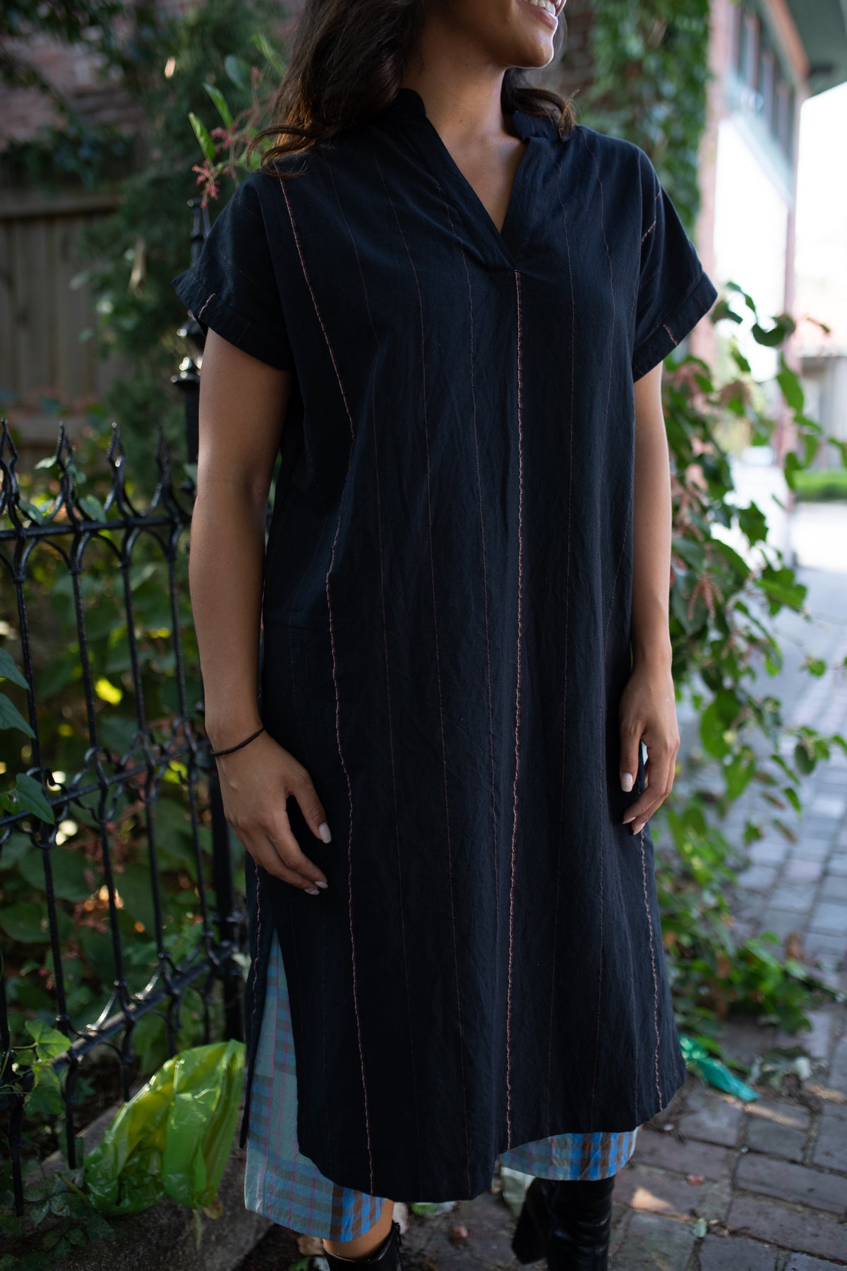 Paula Handwoven Cotton Tunic Dress in Black Made to Order