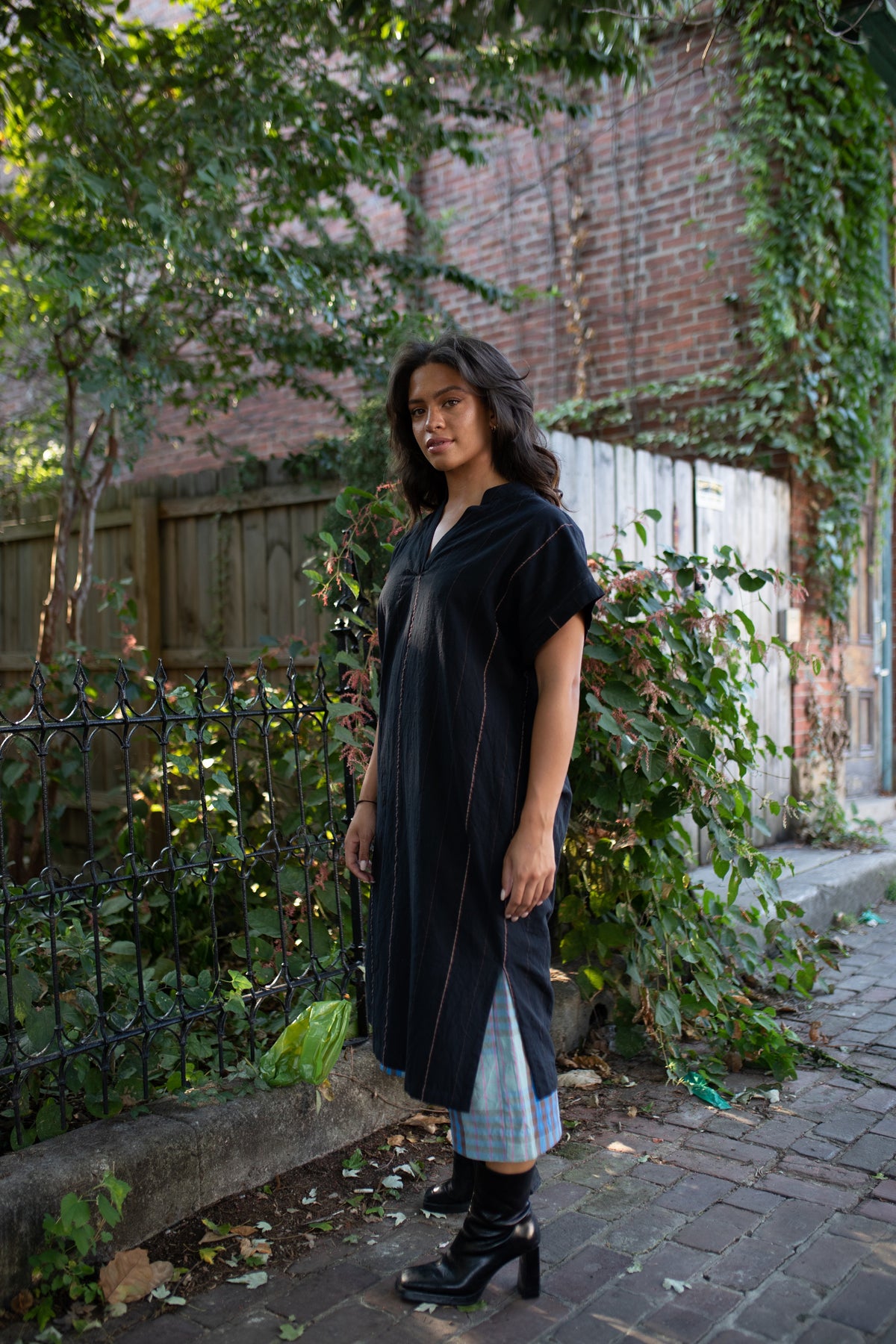 Paula Handwoven Cotton Tunic Dress in Black Made to Order