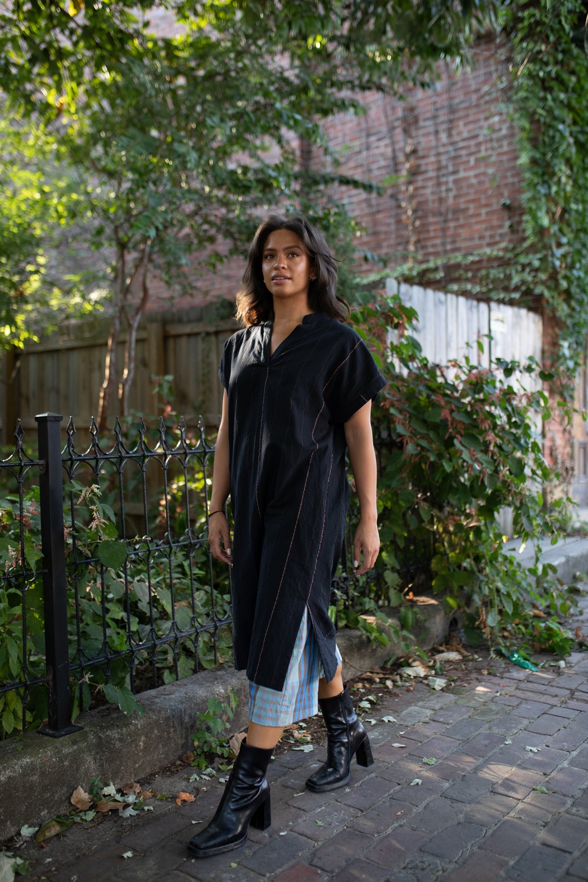 Paula Handwoven Cotton Tunic Dress in Black Made to Order