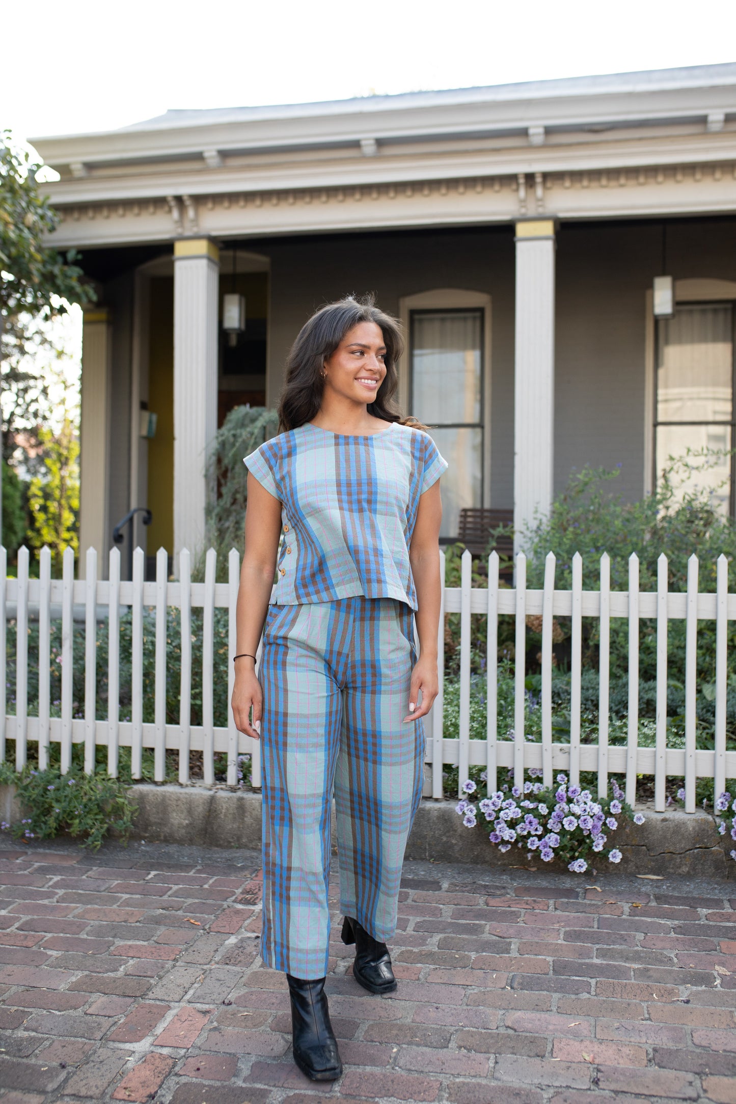 Katie Handwoven Cotton Crop Set in Teal and Plum Plaid - Pre-Order 2/30