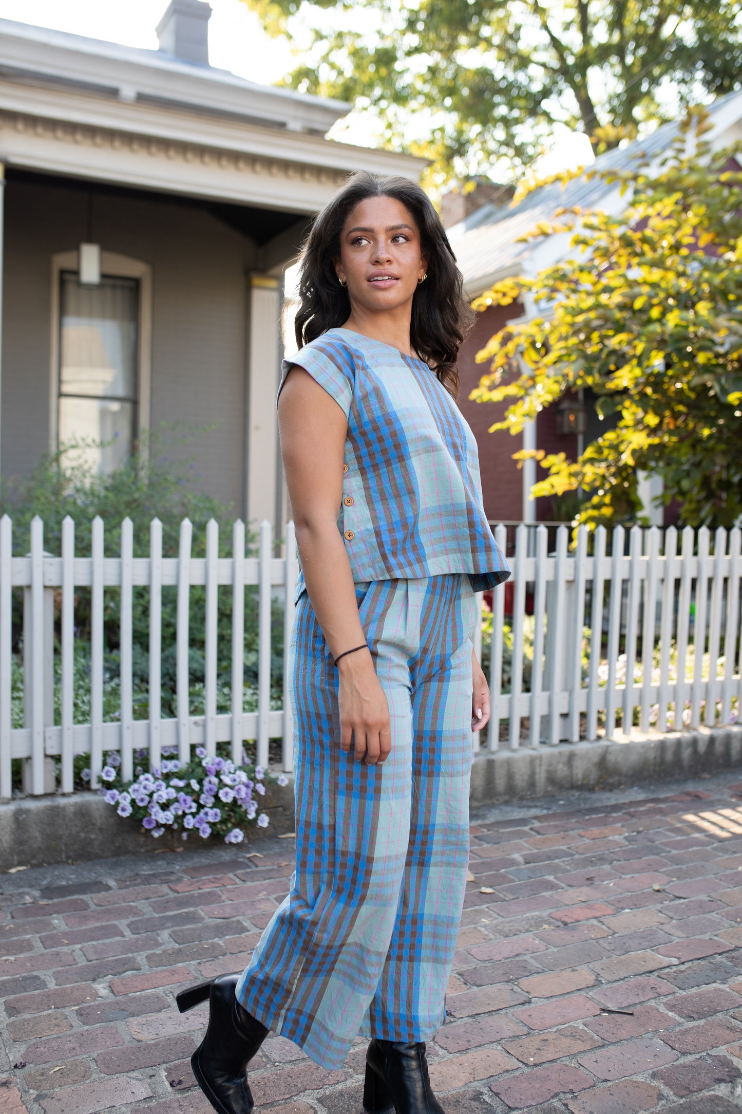 Katie Handwoven Cotton Crop Set in Teal and Plum Plaid - Pre-Order 2/30