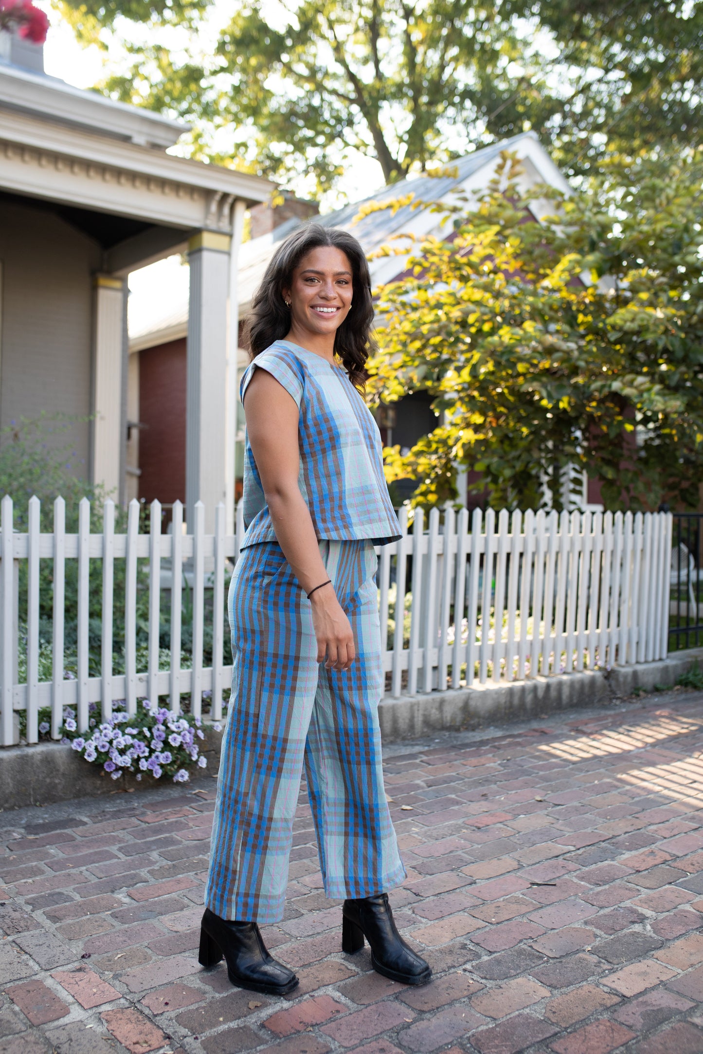 Katie Handwoven Cotton Crop Set in Teal and Plum Plaid - Pre-Order 2/30