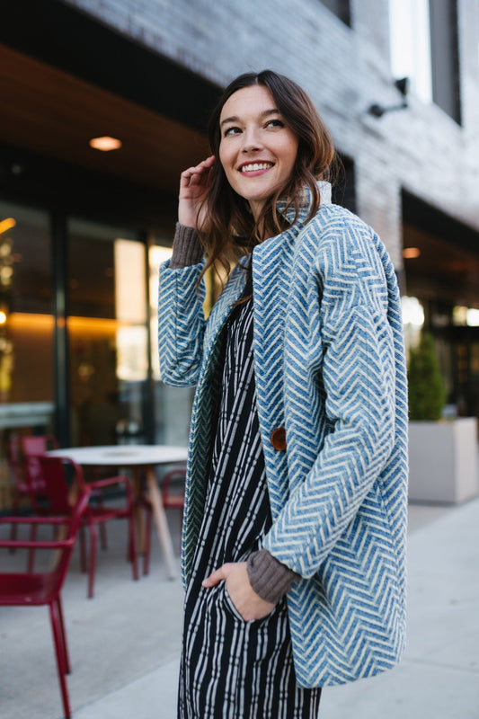 Portuguese Wool Pieper Coat in Cobalt and Cream Herringbone - Pre-Order 12/31