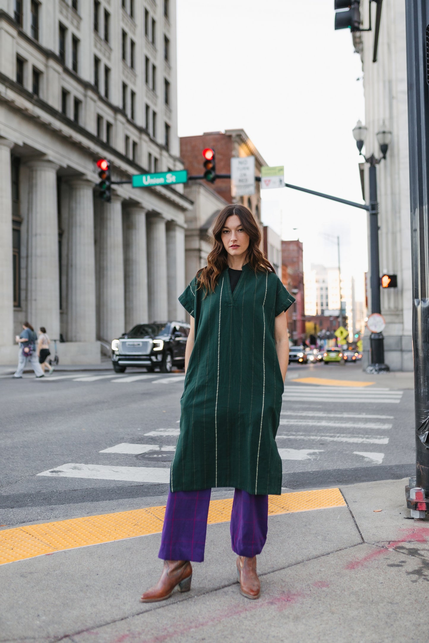 Paula Handwoven Cotton Tunic Dress in Dark Green - Pre-Order 2/30