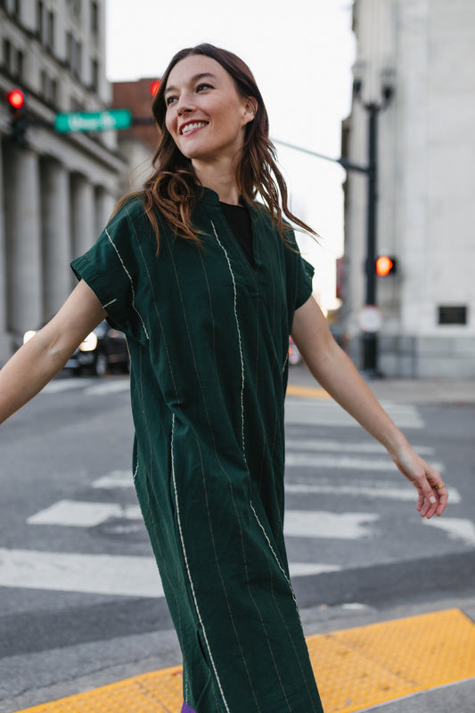 Paula Handwoven Cotton Tunic Dress in Dark Green - Pre-Order 2/30