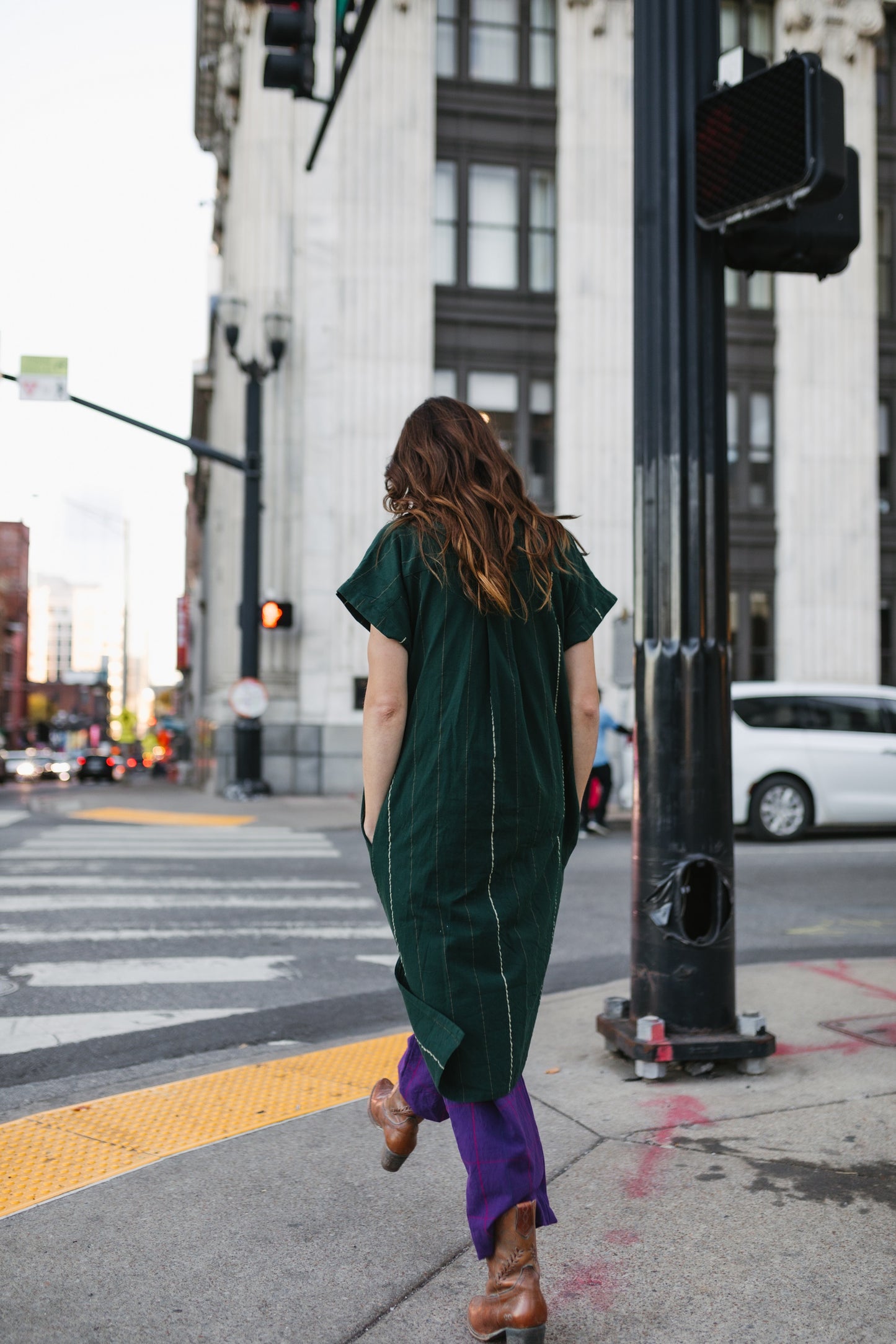 Paula Handwoven Cotton Tunic Dress in Dark Green - Pre-Order 2/30