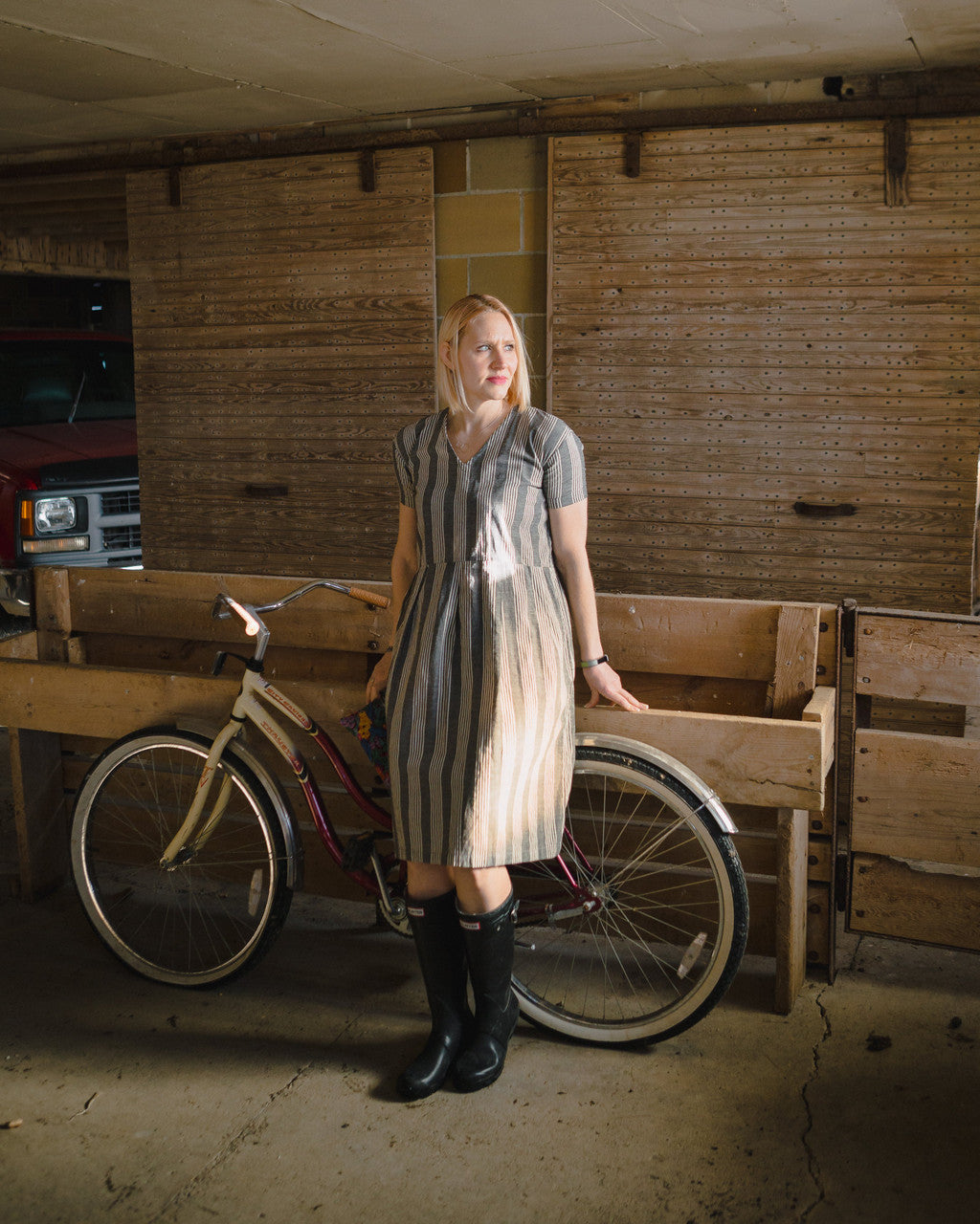 Eloise Handwoven Cotton Dress in Grey and White Stripe