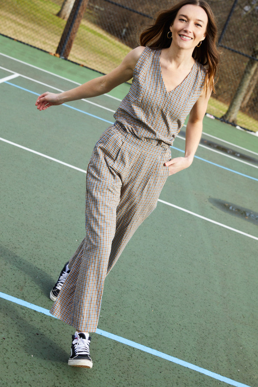 Handwoven Cotton Pants in Brown and Blue Plaid