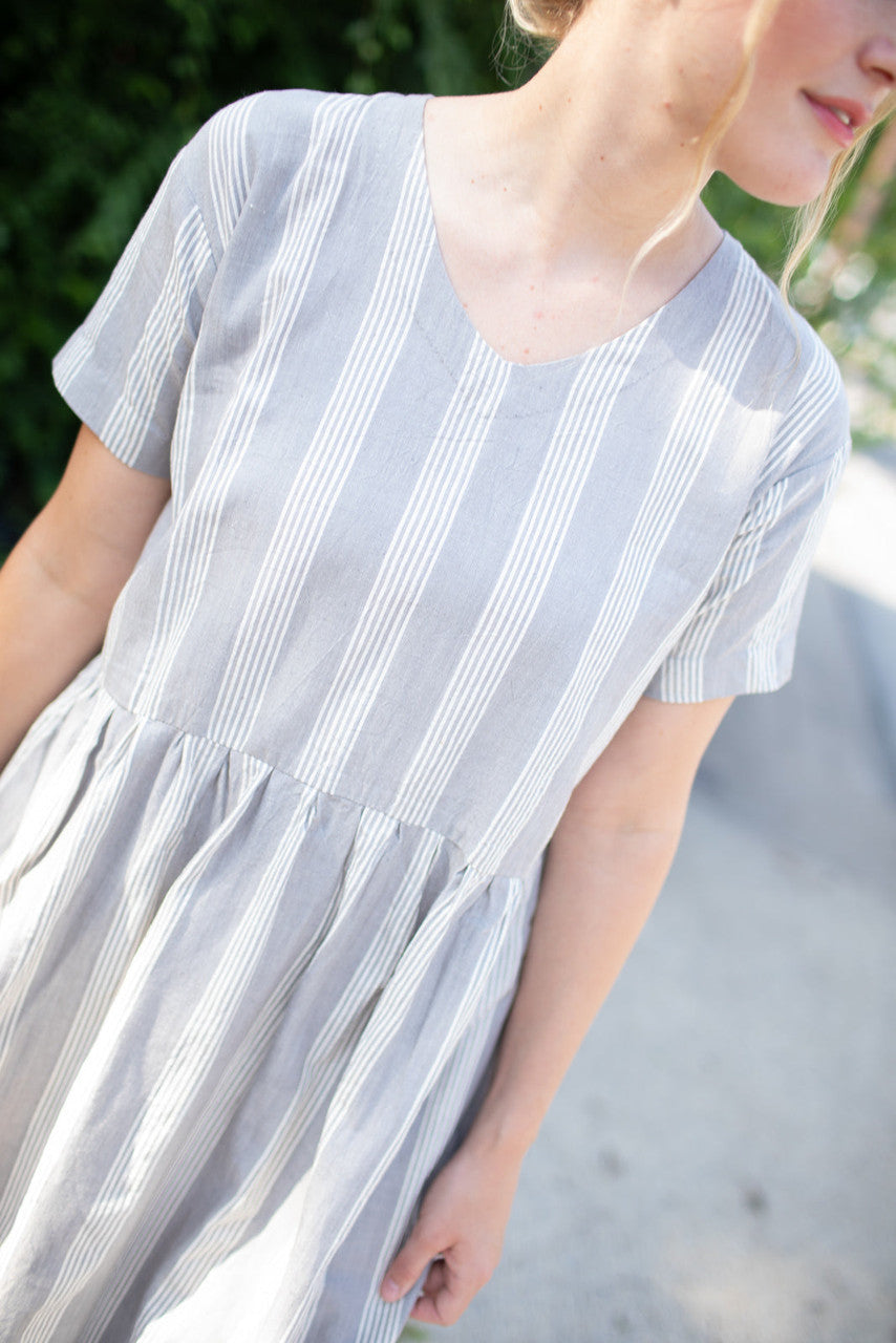 Eloise Handwoven Cotton Dress in Grey and White Stripe