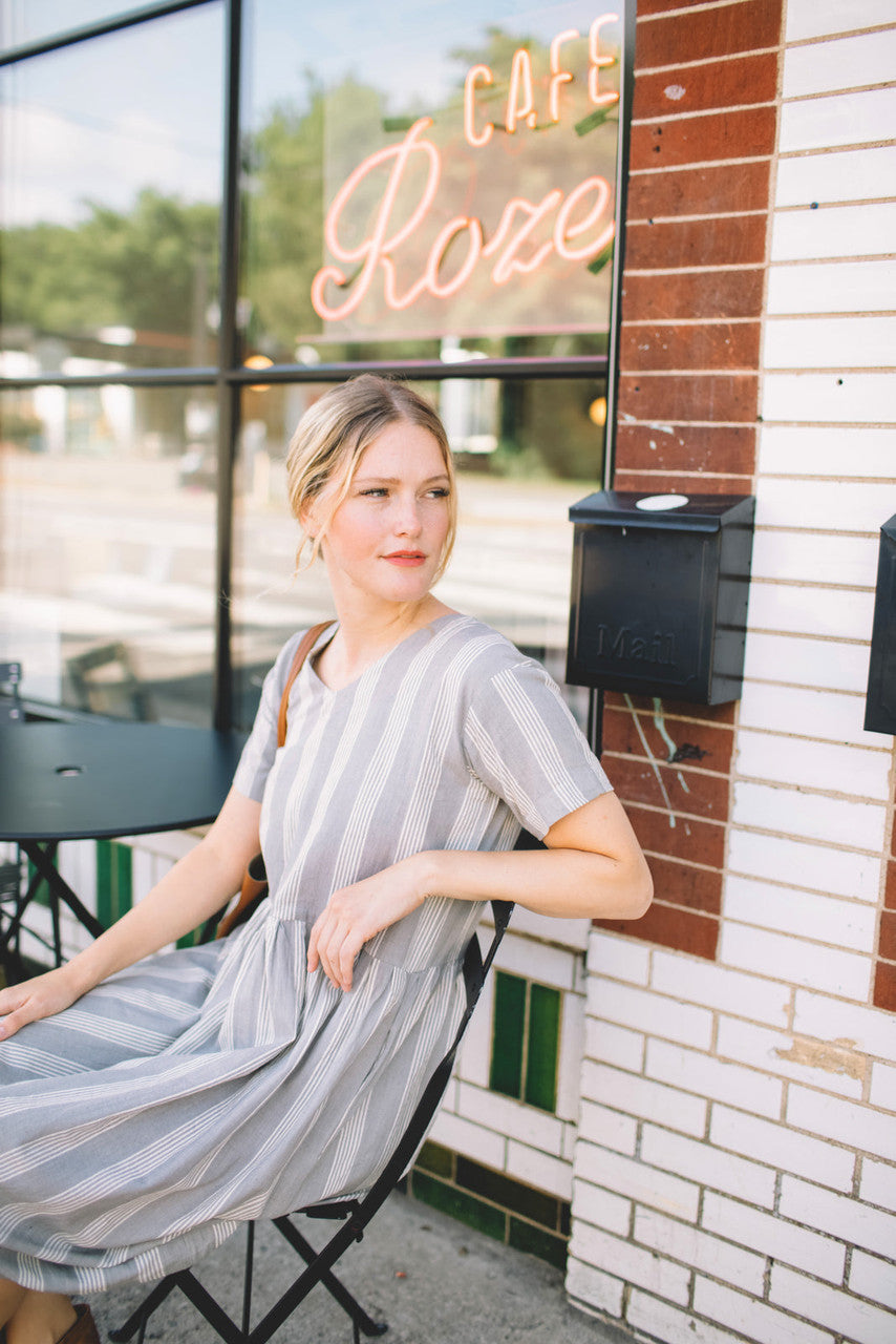 Eloise Handwoven Cotton Dress in Grey and White Stripe