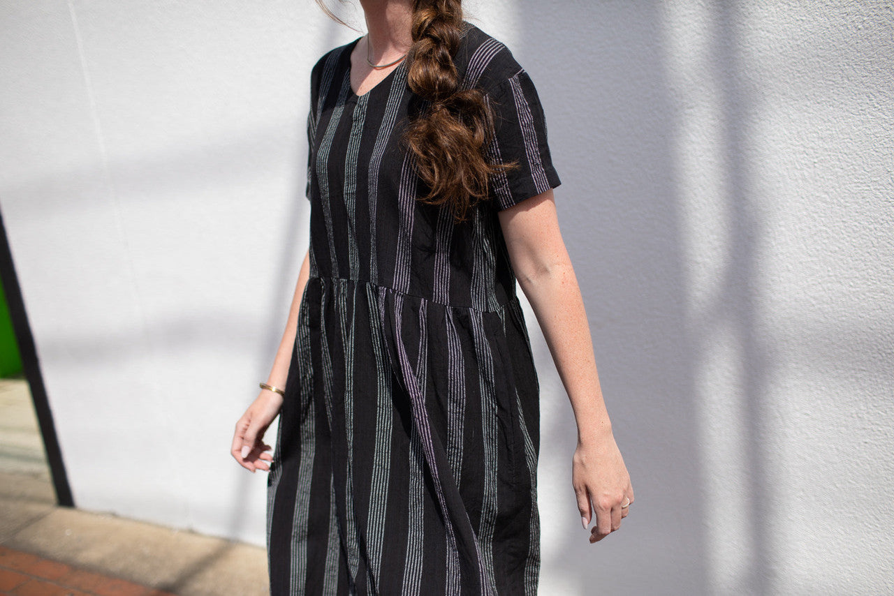 Eloise Handwoven Cotton Dress in Black and White Stripe