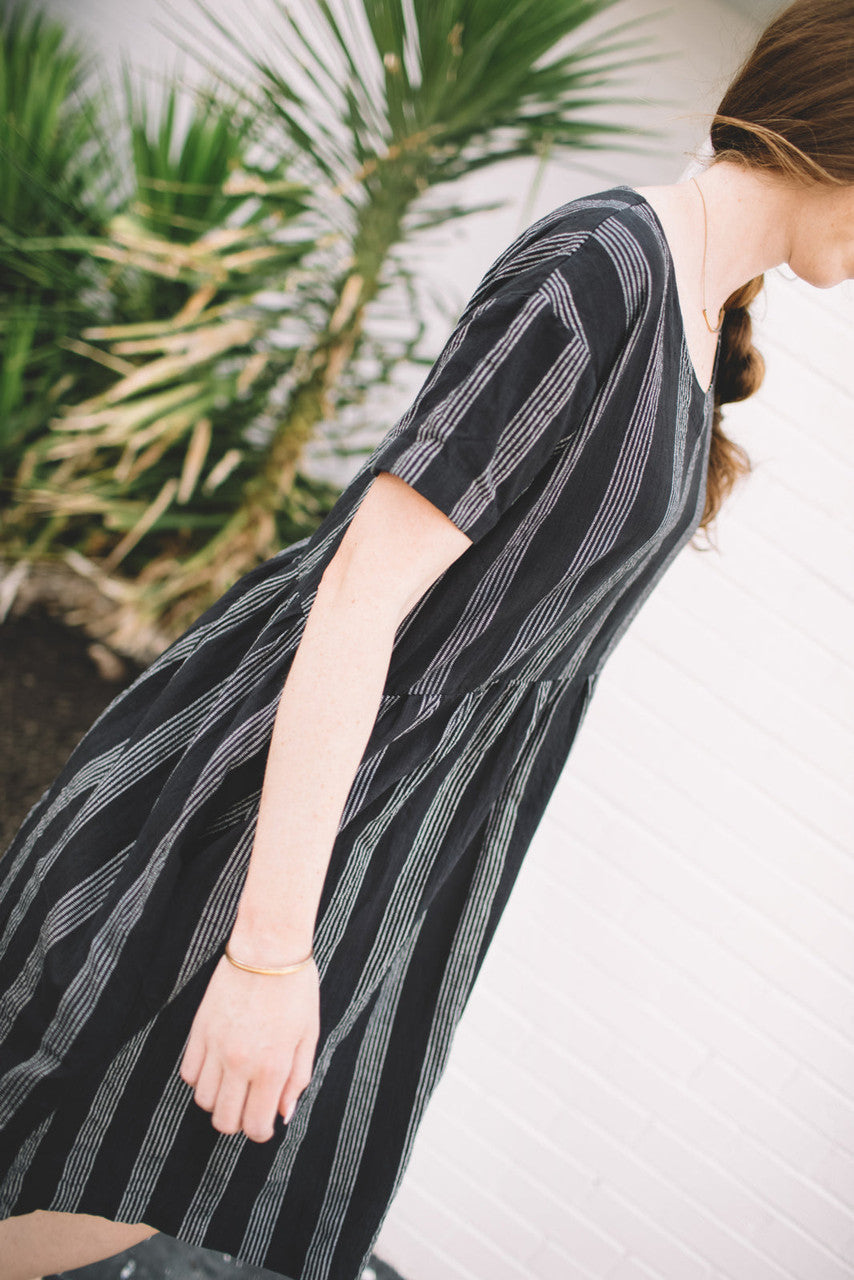 Eloise Handwoven Cotton Dress in Black and White Stripe