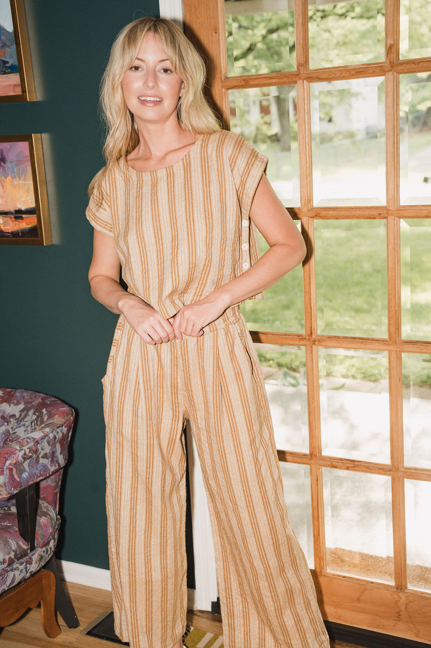 Katie Handwoven Cotton Crop Set in Mustard and Cream Stripe - Pre-Order 2/30