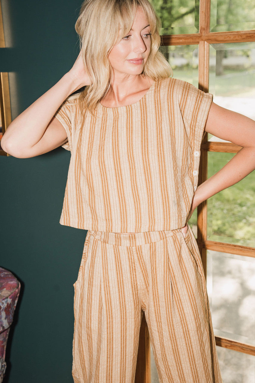 Katie Handwoven Cotton Set in Mustard and Cream Stripe - M Pants