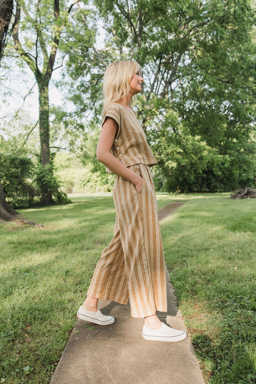 Katie Handwoven Cotton Crop Set in Mustard and Cream Stripe - Pre-Order 2/30