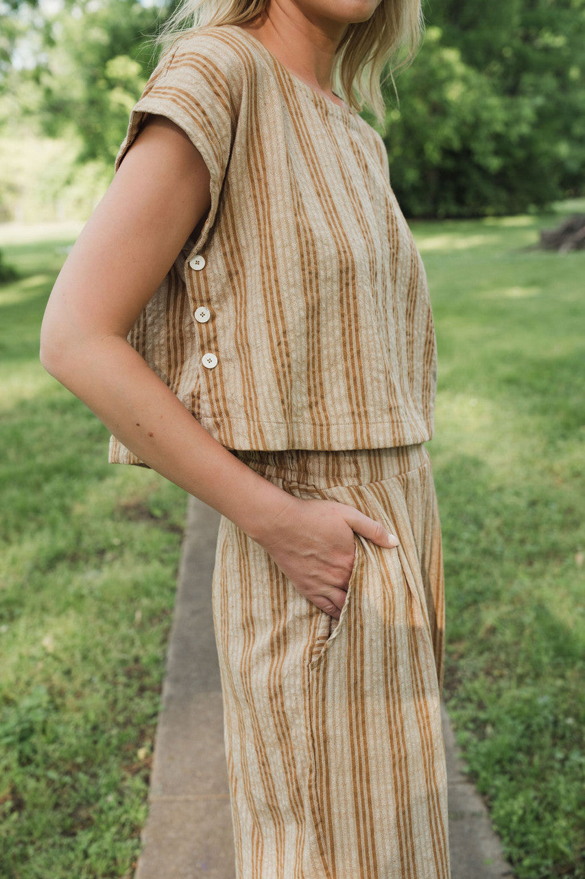 Katie Handwoven Cotton Crop Set in Mustard and Cream Stripe - Pre-Order 2/30