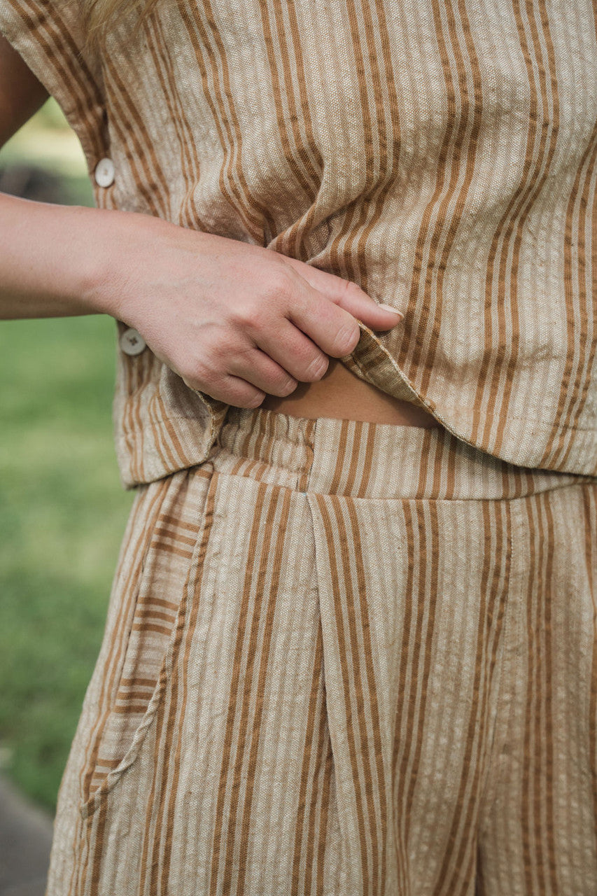 Katie Handwoven Cotton Crop Set in Mustard and Cream Stripe - Pre-Order 2/30