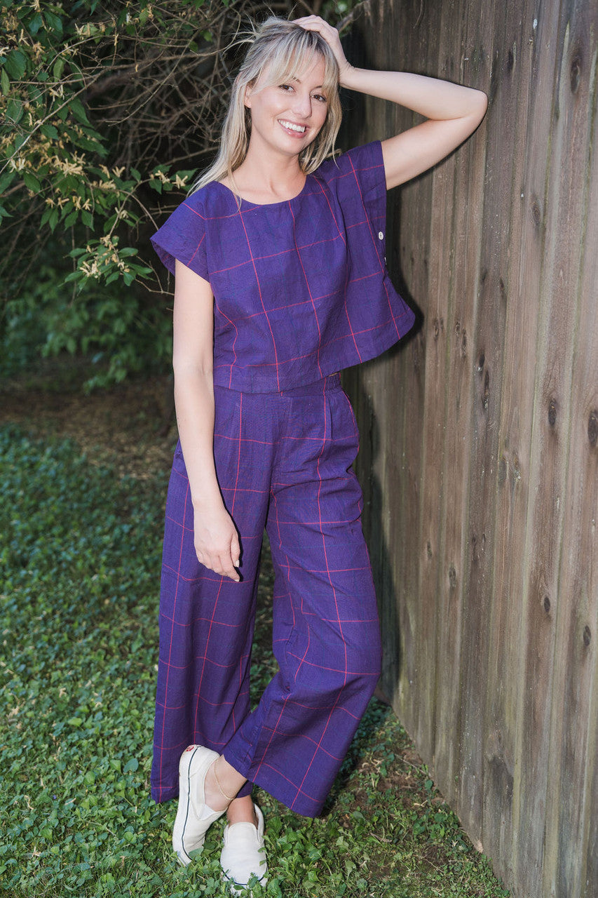 Katie Handwoven Cotton Set in Plum Set - XS Pants, S M and XL Shirt