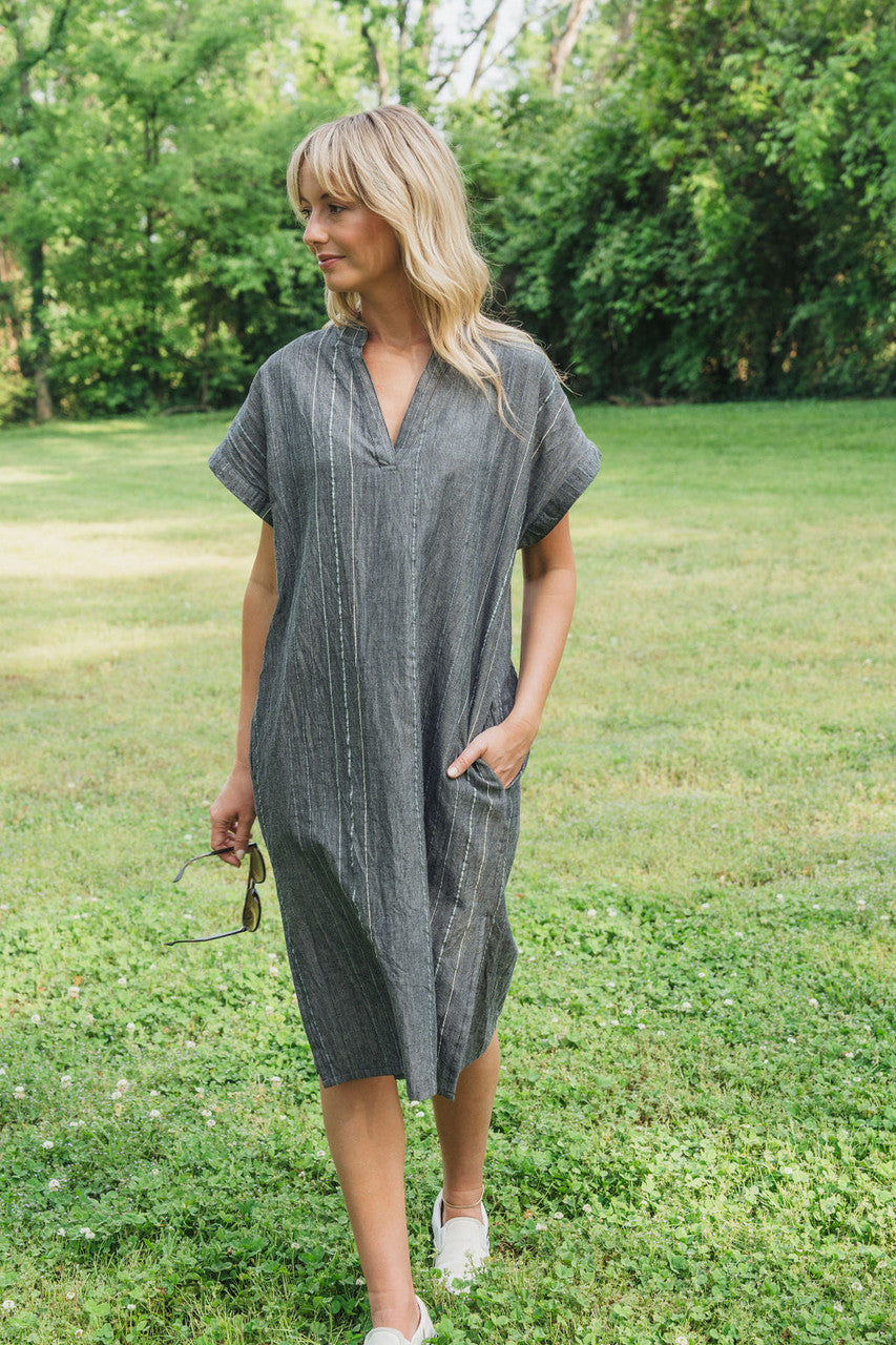 Paula Handwoven Cotton Tunic Dress in Midnight Chambray - Pre-Order 2/30