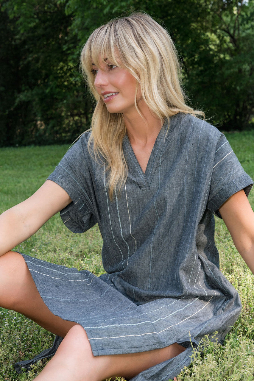 Paula Handwoven Cotton Tunic Dress in Midnight Chambray - Pre-Order 2/30