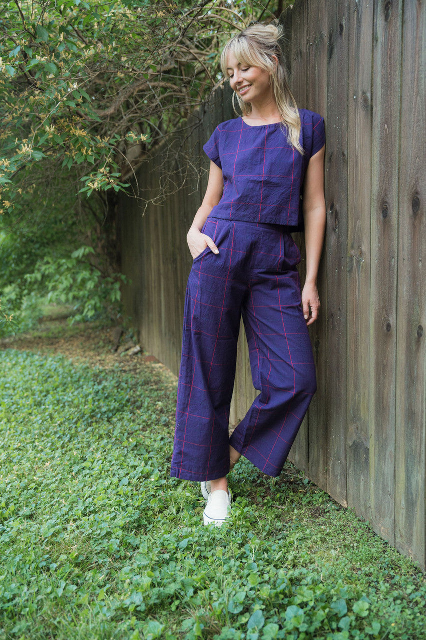 Katie Handwoven Cotton Set in Plum Set - XS Pants, S M and XL Shirt