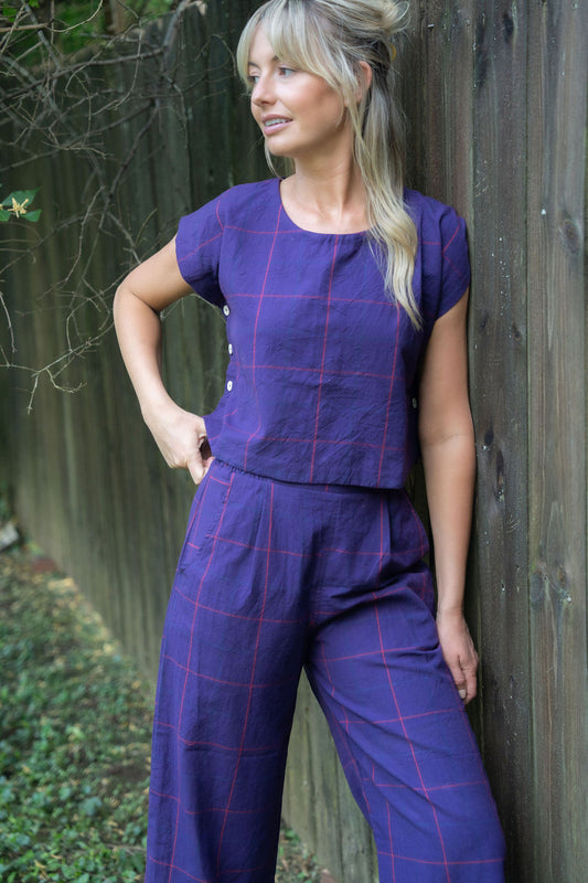Handwoven Cotton Pants in Plum Check
