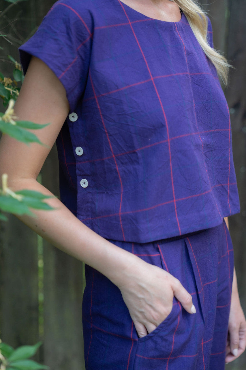 Katie Handwoven Cotton Set in Plum Set - XS Pants, S M and XL Shirt