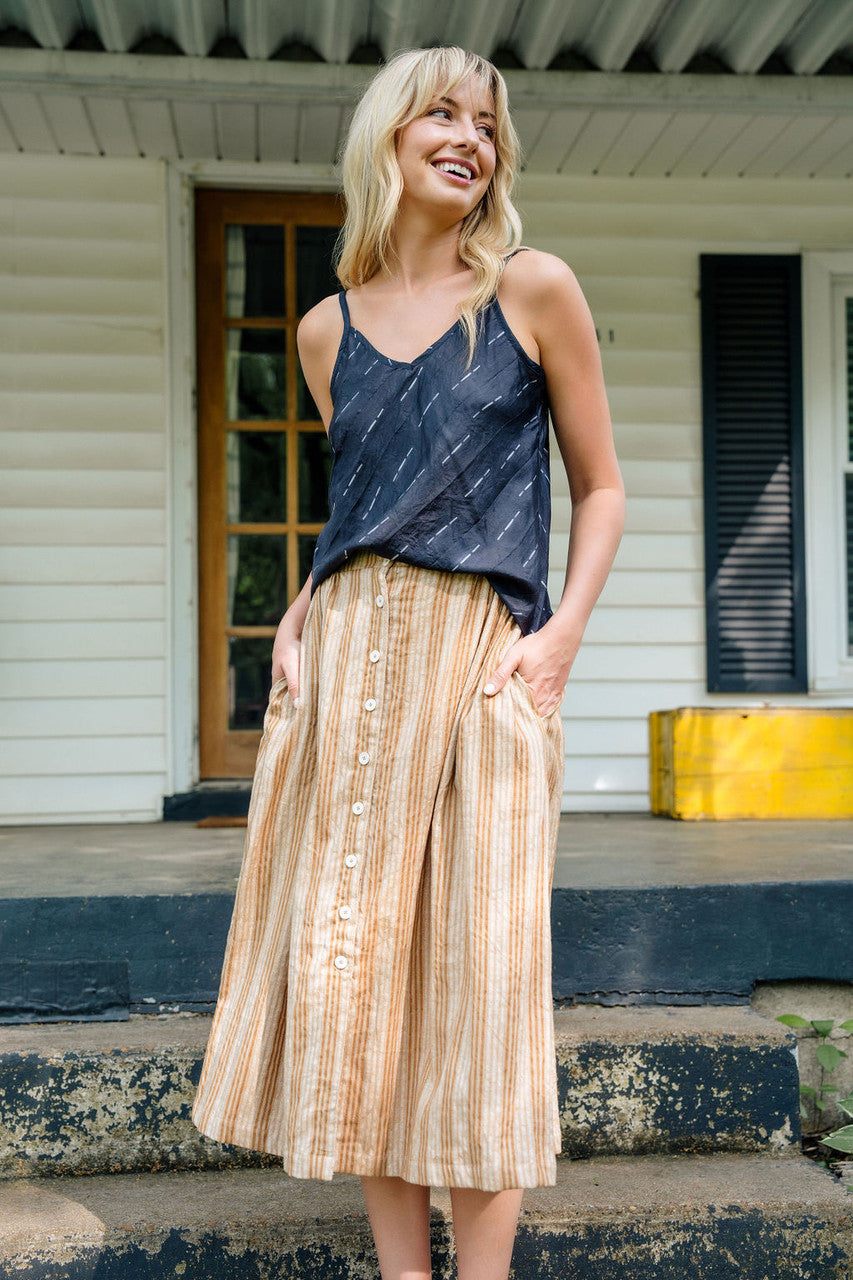 Handwoven Cotton Flair Midi Skirt in Mustard and Cream