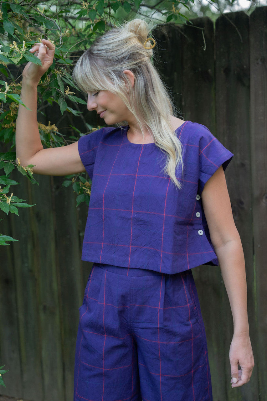 Katie Handwoven Cotton Set in Plum Set - XS Pants, S M and XL Shirt