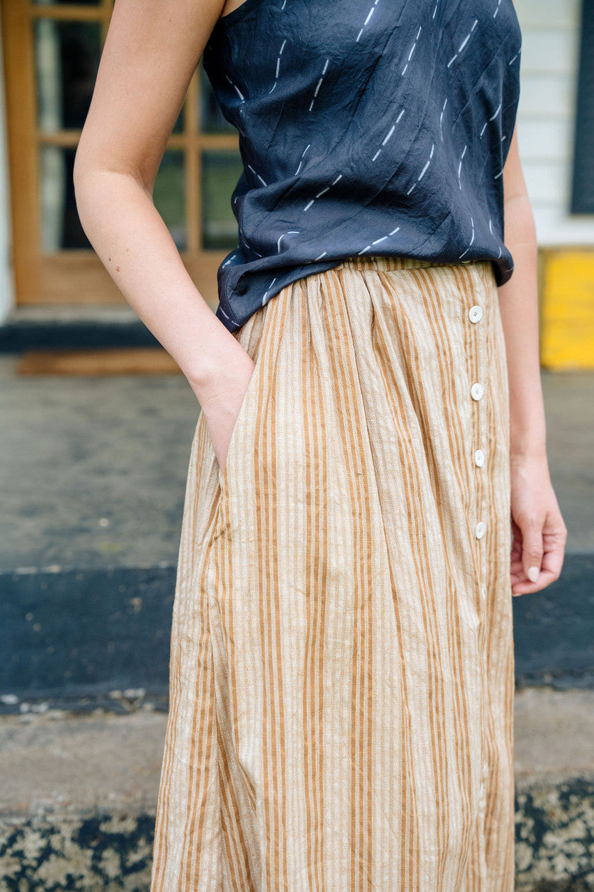 Handwoven Cotton Flair Midi Skirt in Mustard and Cream