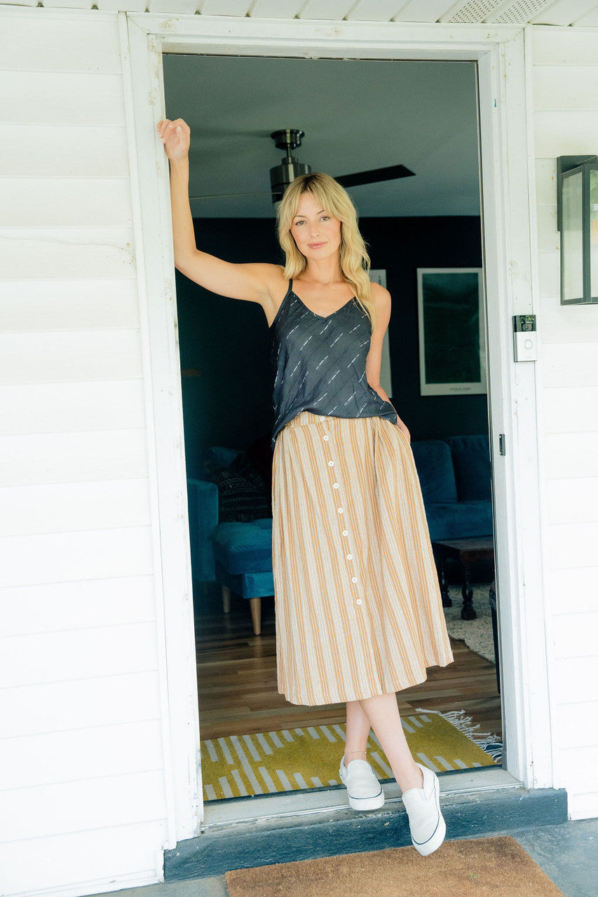 Handwoven Cotton Flair Midi Skirt in Mustard and Cream