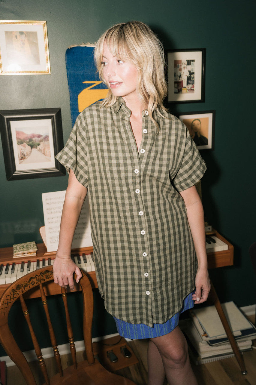 Paige Handwoven Cotton Relaxed Shirt Dress in Green Gingham