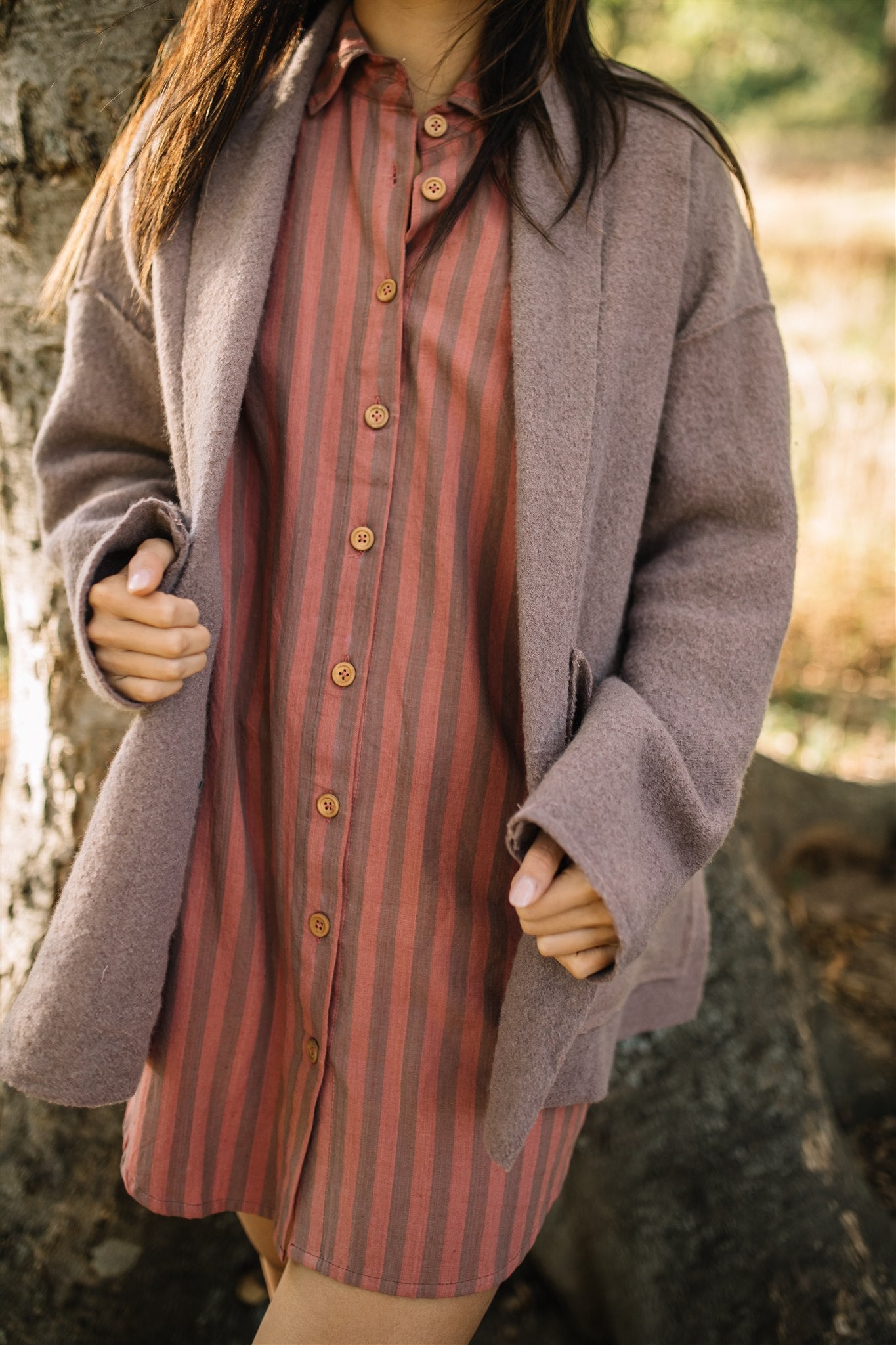 Paige Handwoven Cotton Relaxed Shirt Dress in Mauve and Dust Stripe - Pre-Order 2/30