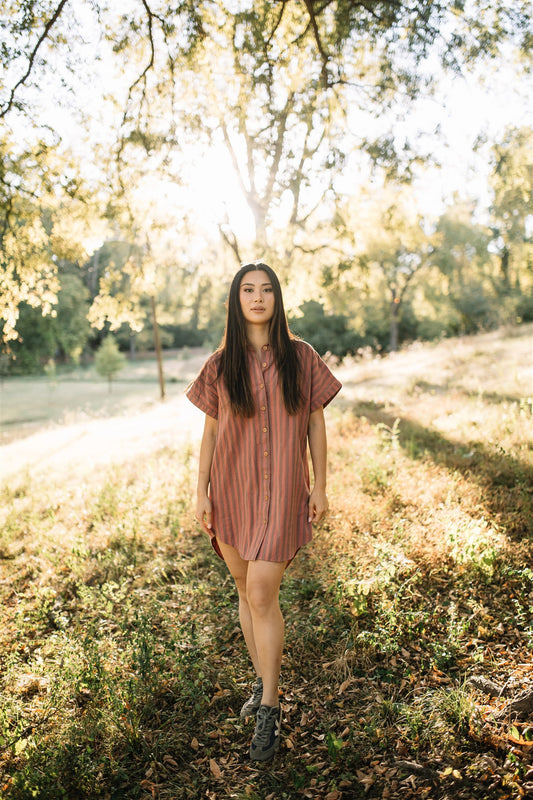 Paige Handwoven Cotton Relaxed Shirt Dress in Mauve and Dust Stripe - Pre-Order 2/30