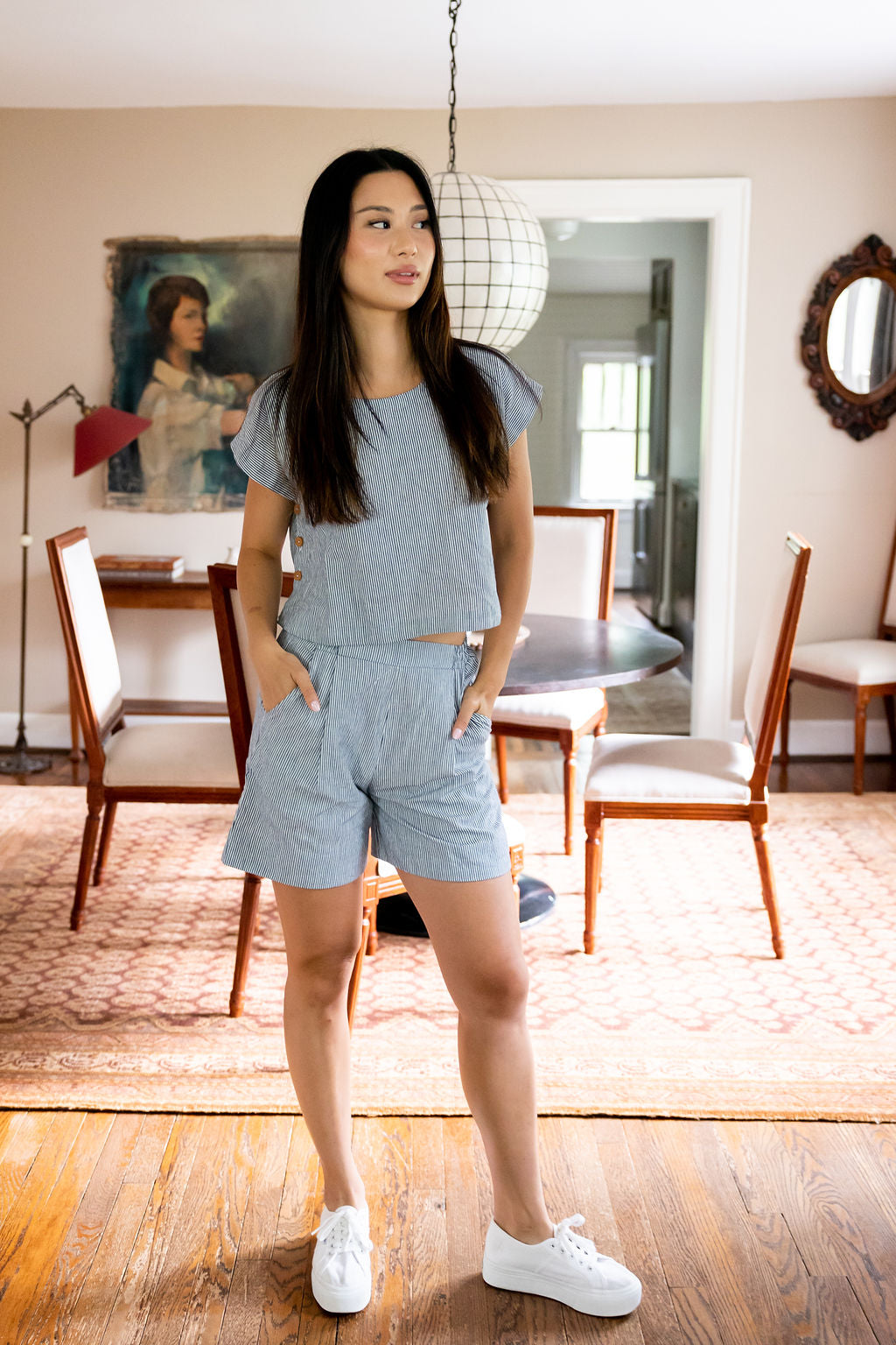 Handwoven Cotton Katie Shirt in Blue and White Pin Stripe - S Shirt