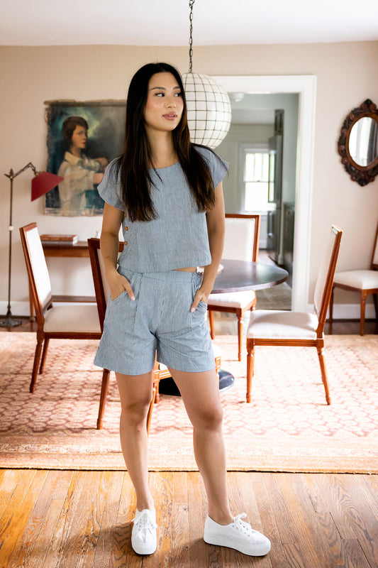 Handwoven Cotton Katie Shirt in Blue and White Pin Stripe - S Shirt