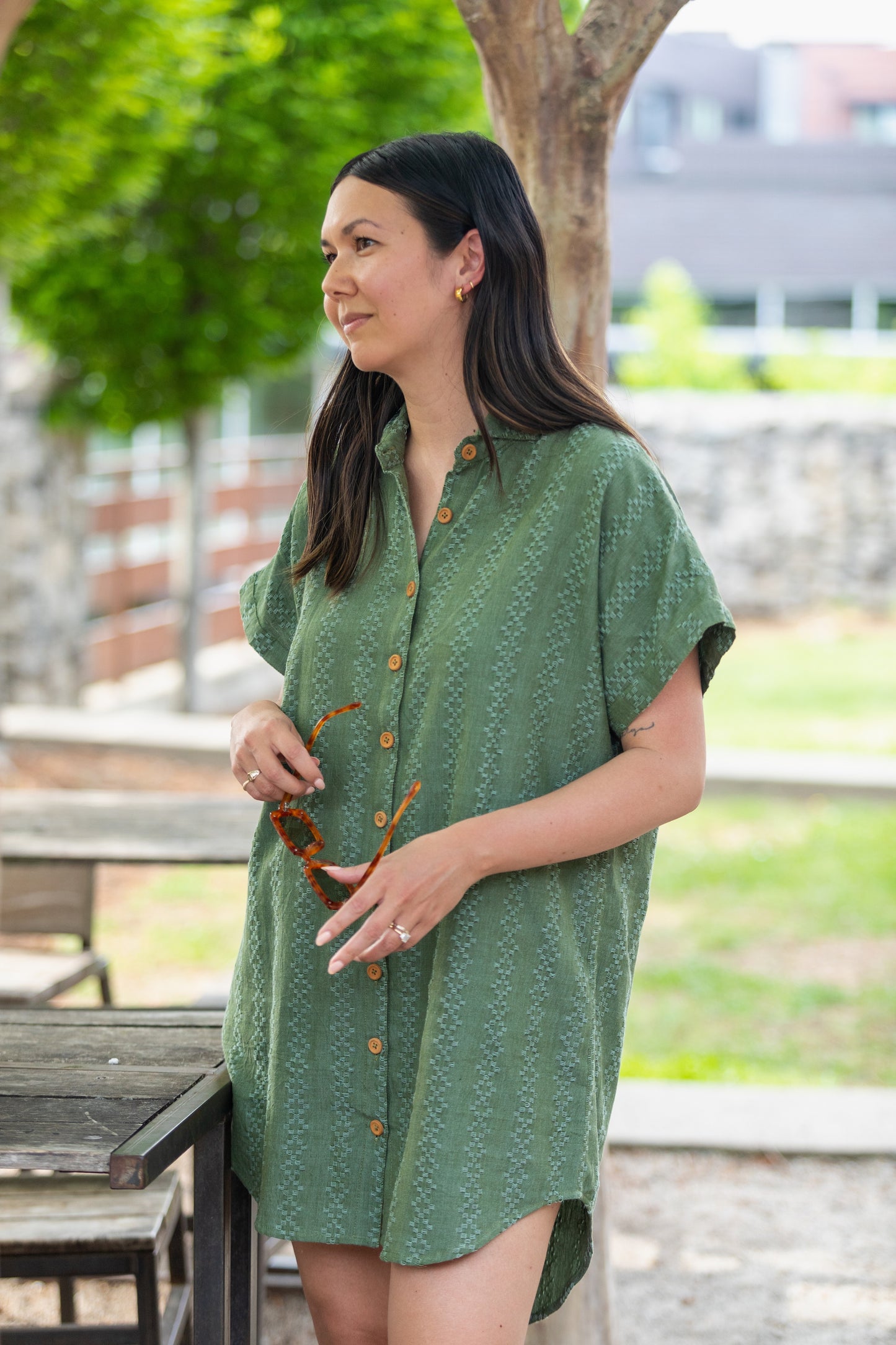 Paige Handwoven Cotton Relaxed Shirt Dress in Green Check - Pre-Order 2/30