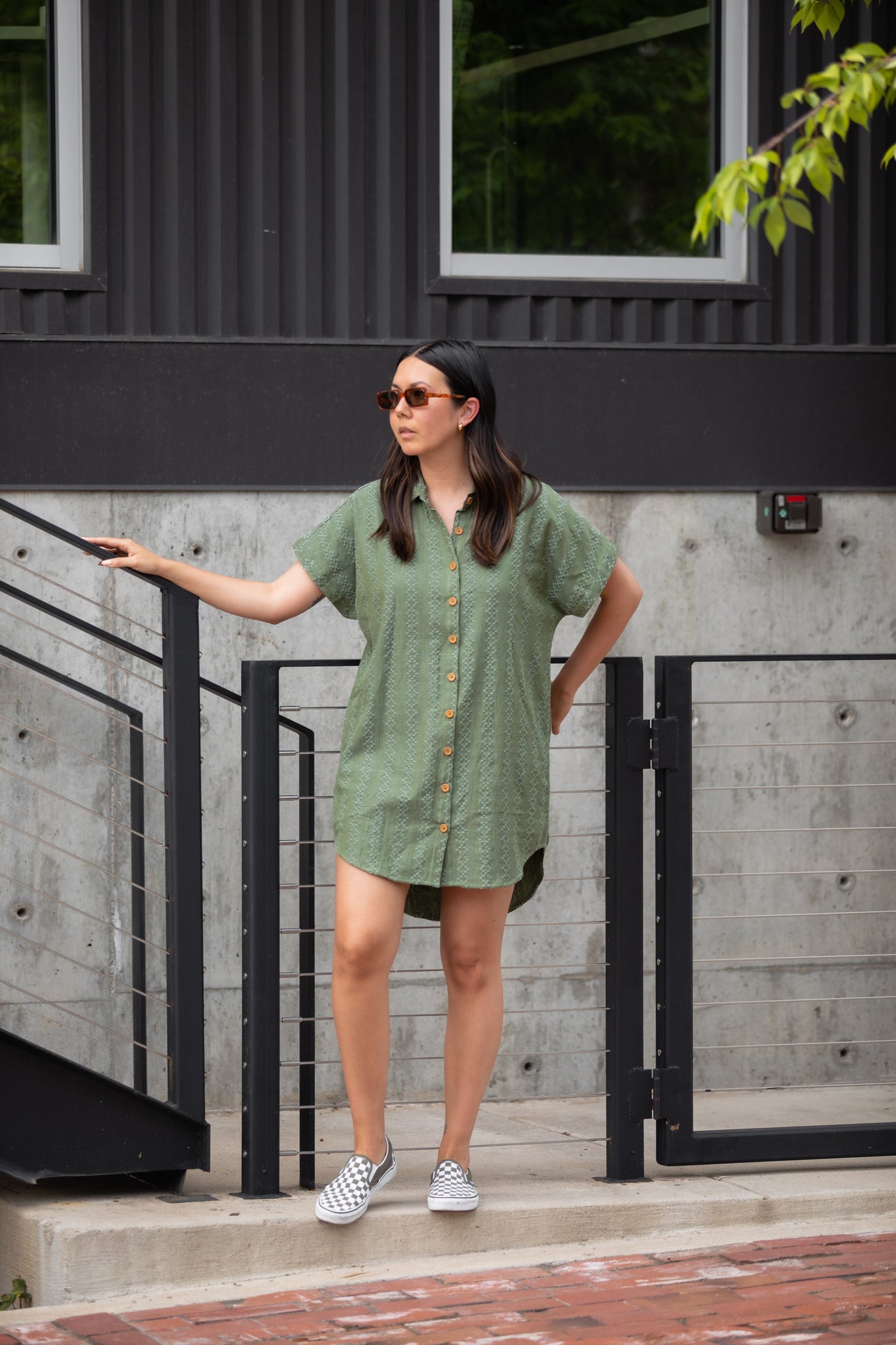 Paige Handwoven Cotton Relaxed Shirt Dress in Green Check - Pre-Order 2/30