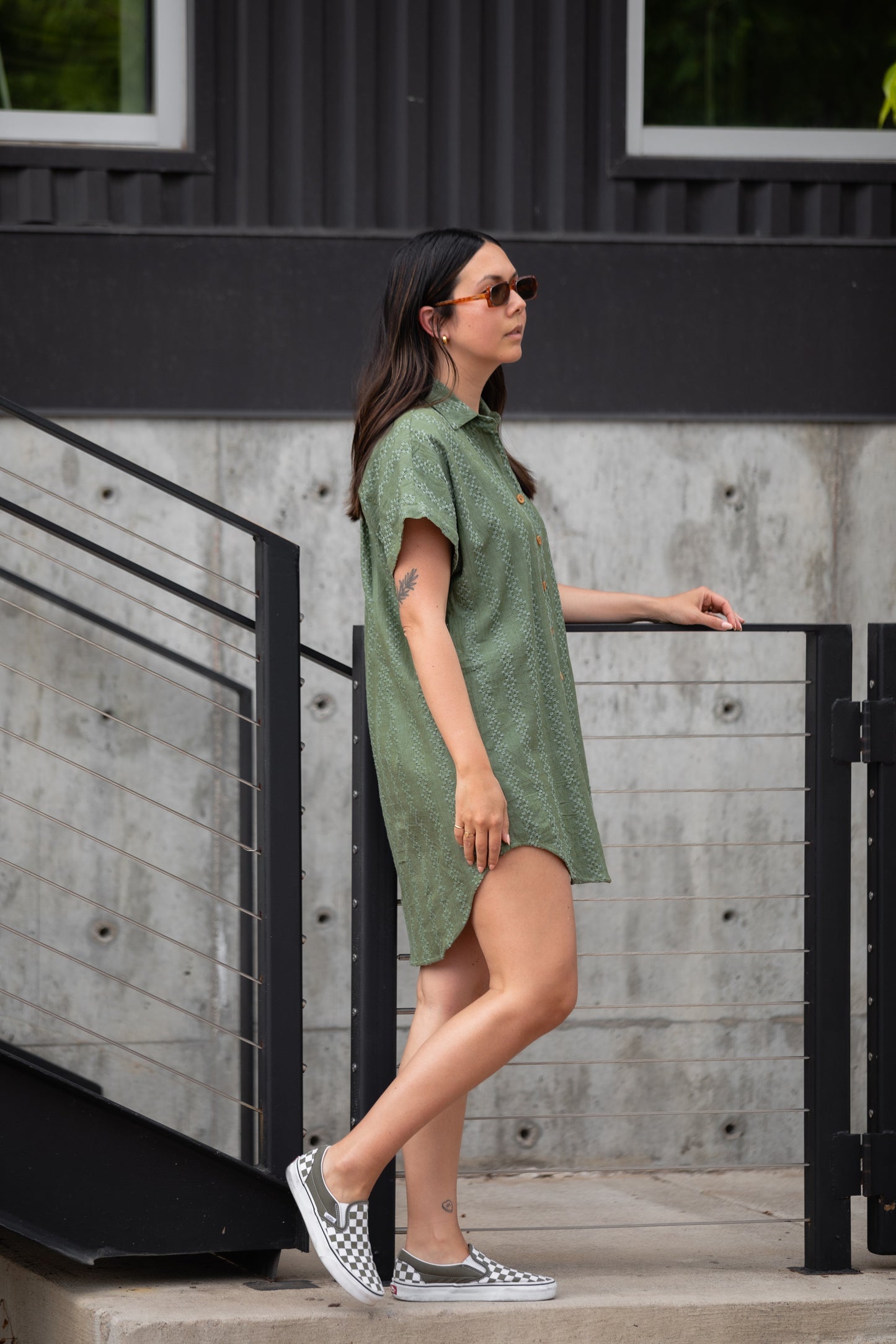 Paige Handwoven Cotton Relaxed Shirt Dress in Green Check - Pre-Order 2/30