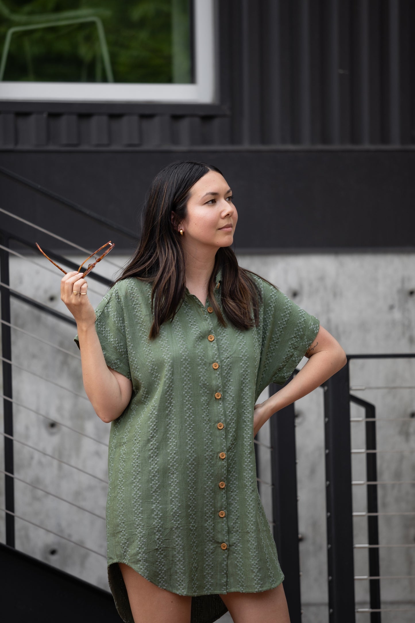 Paige Handwoven Cotton Relaxed Shirt Dress in Green Check - Pre-Order 2/30