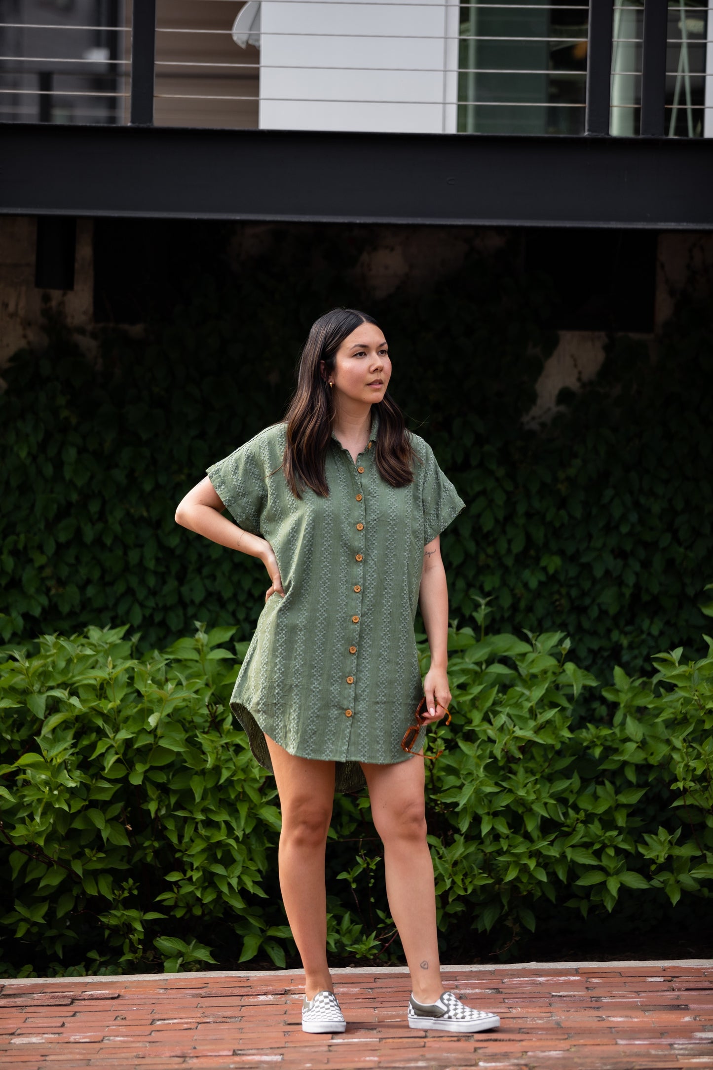 Paige Handwoven Cotton Relaxed Shirt Dress in Green Check - Pre-Order 2/30