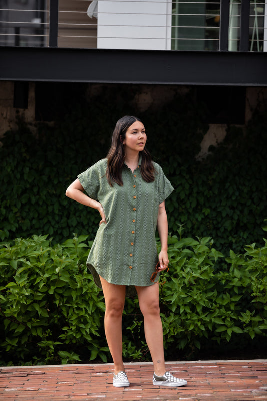 Paige Handwoven Cotton Relaxed Shirt Dress in Green Check - Pre-Order 2/30