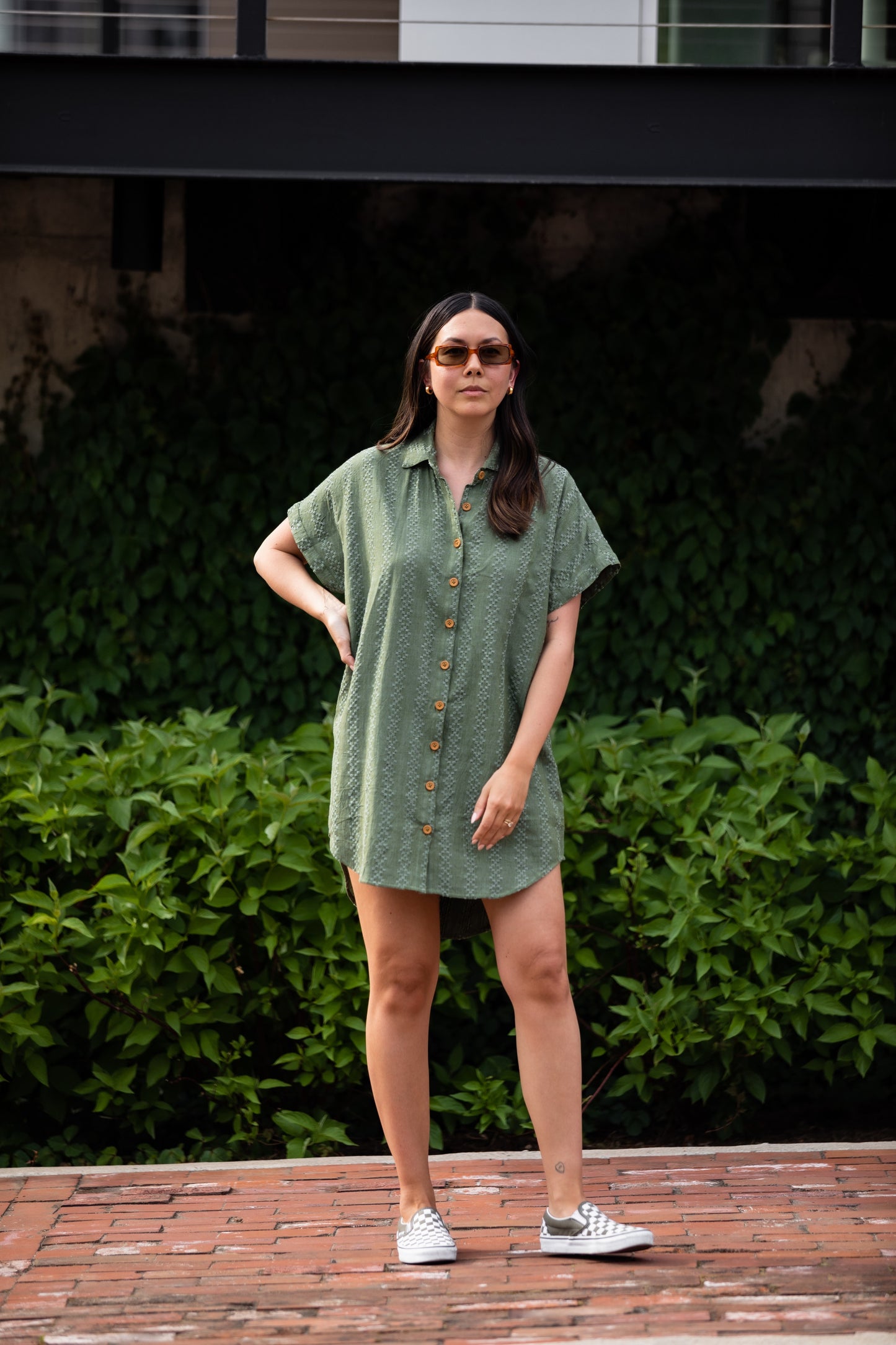 Paige Handwoven Cotton Relaxed Shirt Dress in Green Check - Pre-Order 2/30