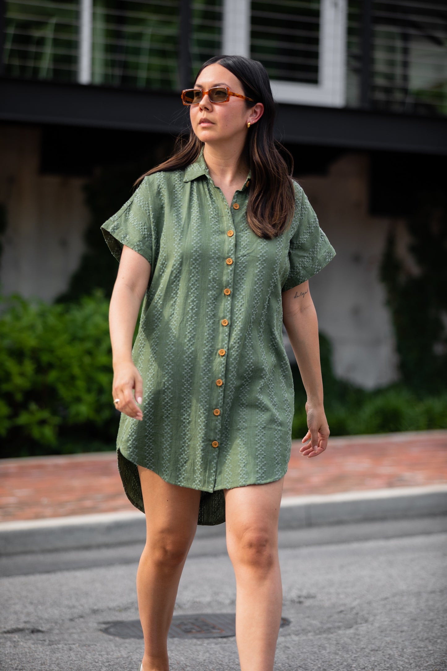 Paige Handwoven Cotton Relaxed Shirt Dress in Green Check - Pre-Order 2/30