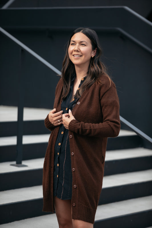 Baby Alpaca Long Cardigan in Brown