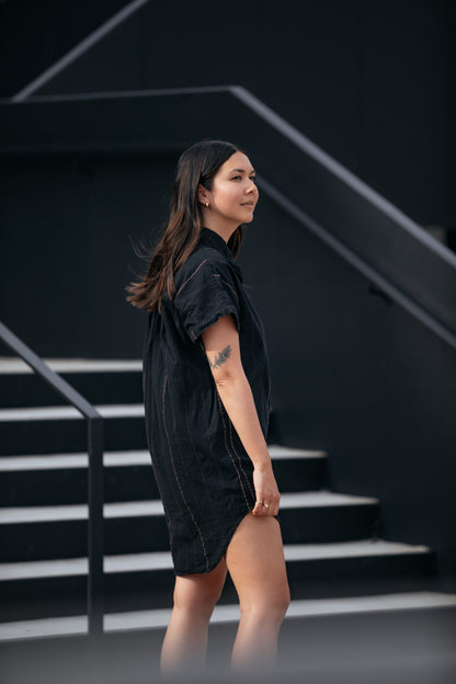 Paige Handwoven Cotton Relaxed Shirt Dress in Black