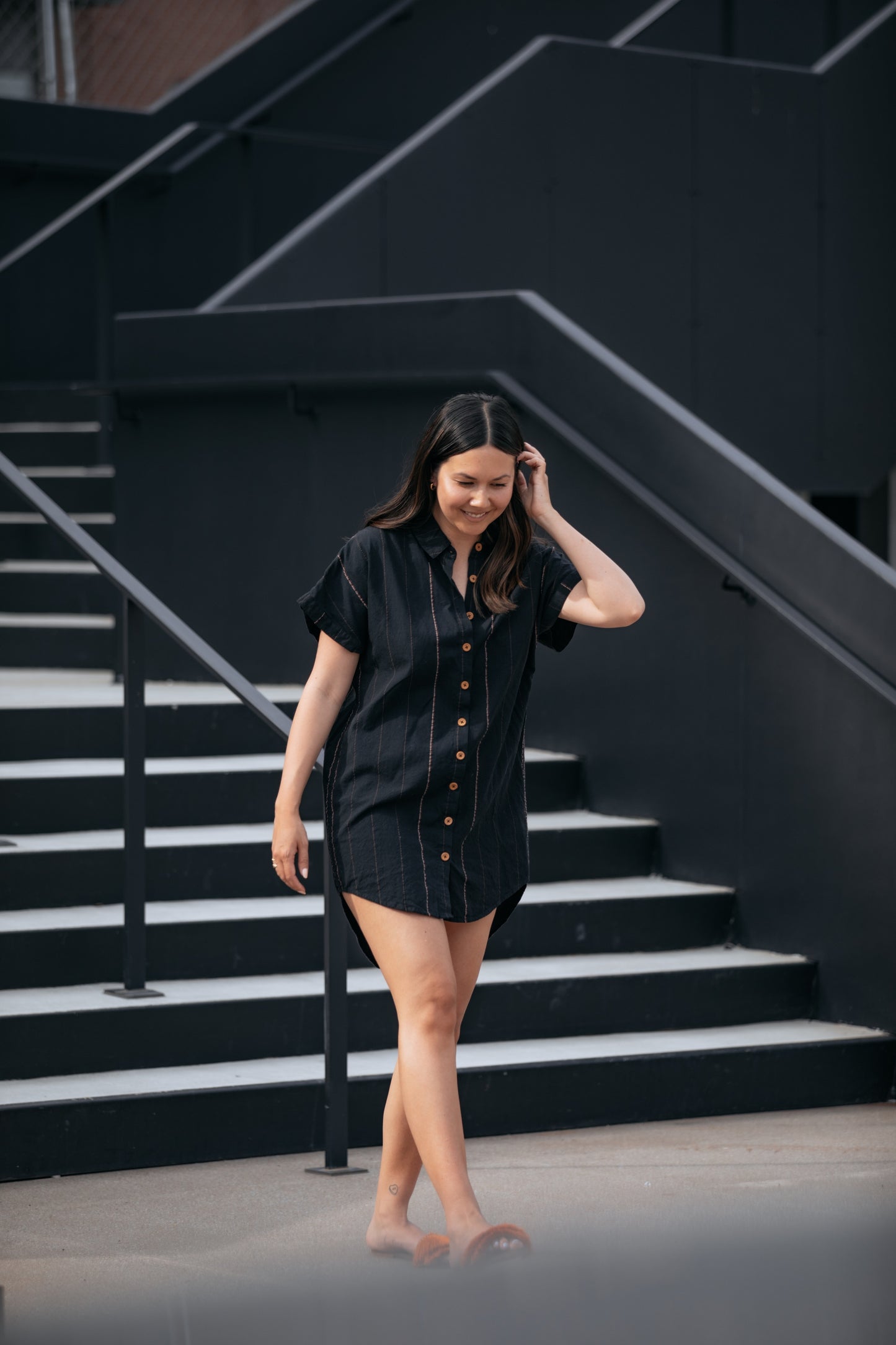 Paige Handwoven Cotton Relaxed Shirt Dress in Black - Pre-Order 2/30